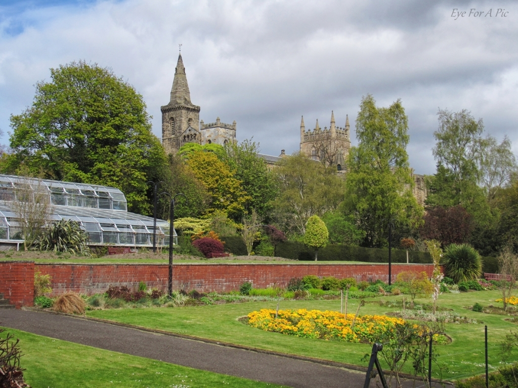 Pittencrieff House Gardens with Dunfermline Abbey in the background